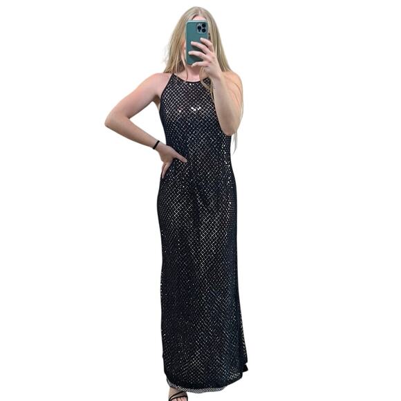 90’s Y2K Rampage Black Overlay Metallic Silver Halter Maxi Occasion Dress (Sz M) - Picture 3 of 16